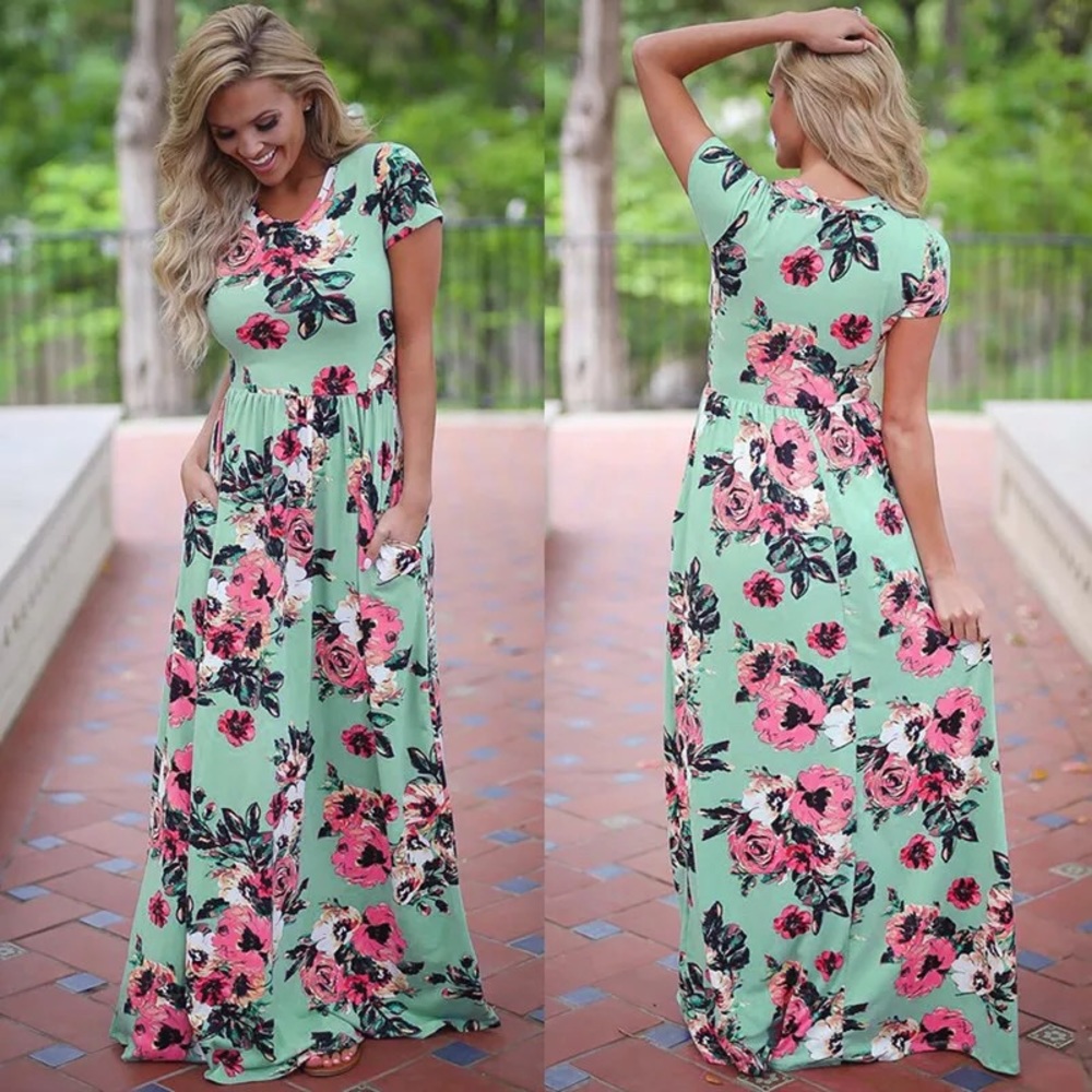 LAST 1: NEW Teal Floral Short Sleeve Maxi Dress - Picture 1 of 6